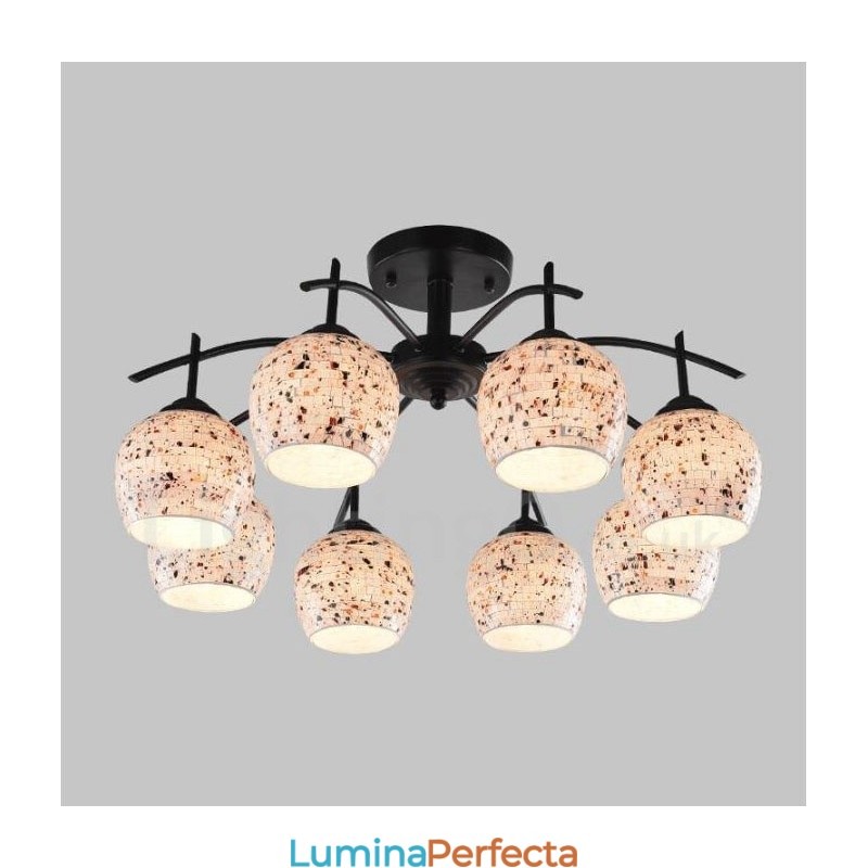 Candelabru integrat în stil mediteranean cu 8 lumini, cu abajur din sticlă