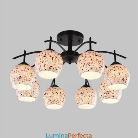 Candelabru integrat în stil mediteranean cu 8 lumini, cu abajur din sticlă Candelabru integrat în stil mediteranean cu 8 lumini, cu abajur din sticlă