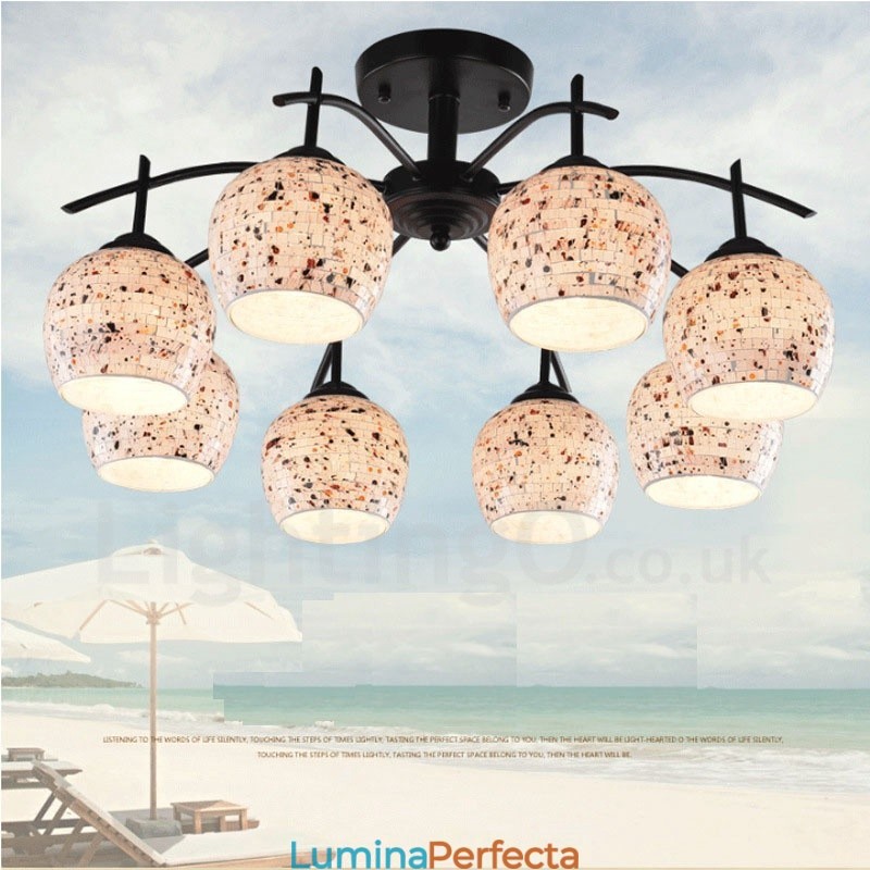 Candelabru integrat în stil mediteranean cu 8 lumini, cu abajur din sticlă