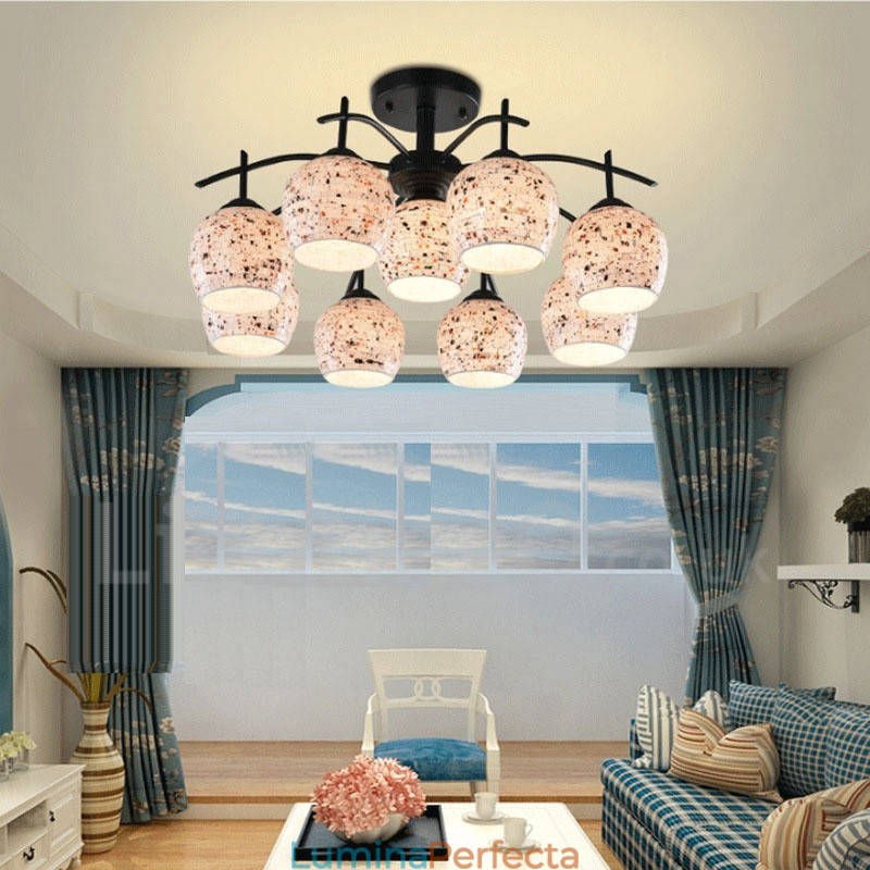 Candelabru integrat în stil mediteranean 9 lumini cu abajur din sticlă
