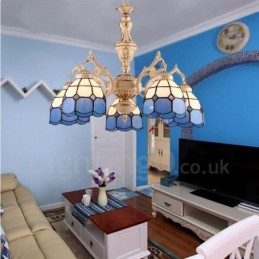 Candelabru metalic integrat în stil mediteranean cu 5 lumini cu abajur din sticlă