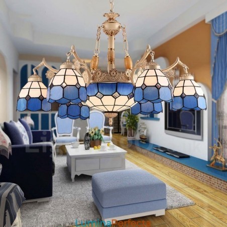Candelabru metalic integrat în stil mediteranean cu 9 lumini, cu abajur din sticlă Candelabru metalic integrat în stil mediteranean cu 9 lumini, cu abajur din sticlă