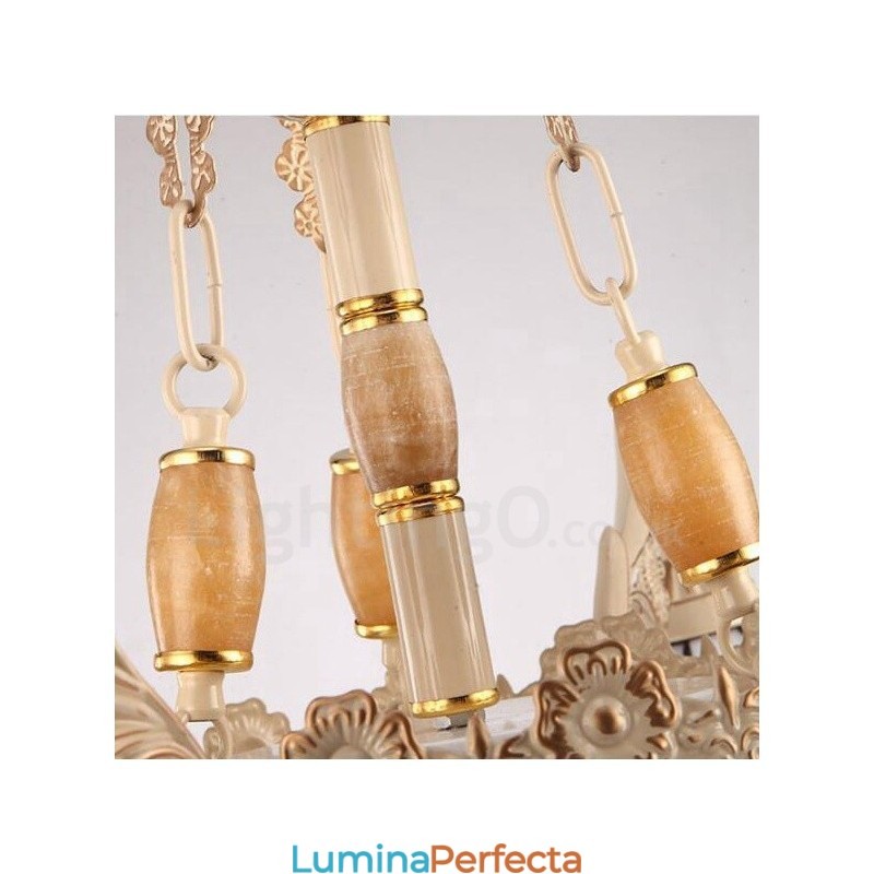 Candelabru metalic integrat în stil mediteranean cu 9 lumini, cu abajur din sticlă