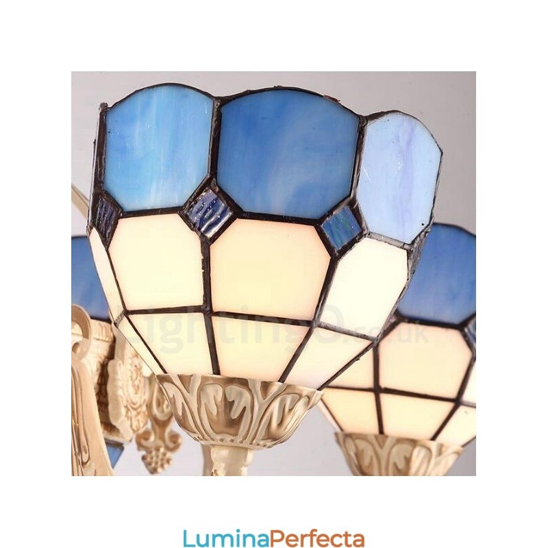 Candelabru metalic integrat în stil mediteranean cu 9 lumini, cu abajur din sticlă