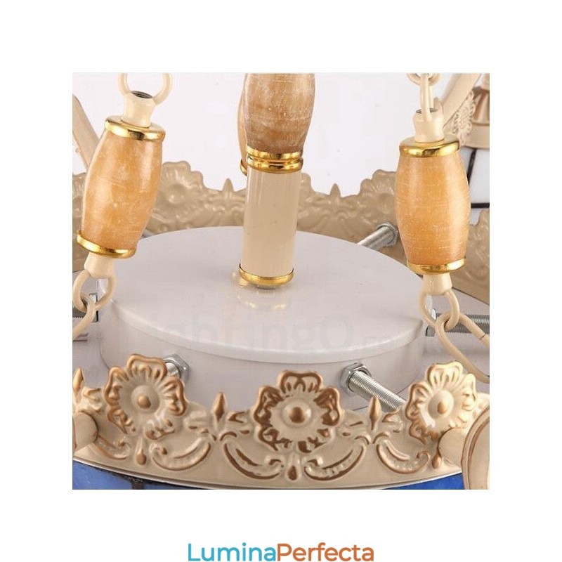 Candelabru metalic integrat în stil mediteranean cu 9 lumini, cu abajur din sticlă