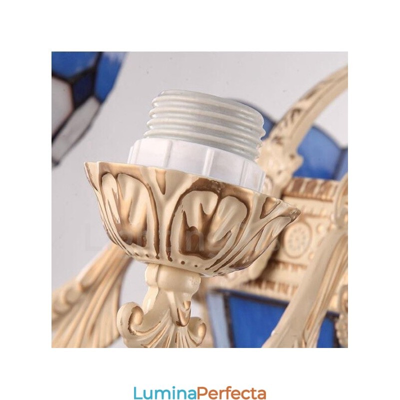 Candelabru metalic integrat în stil mediteranean cu 9 lumini, cu abajur din sticlă