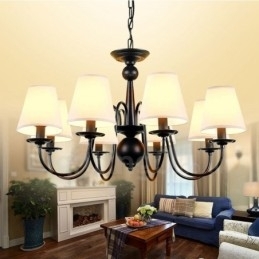 Candelabru metalic integrat Rustic Lodge cu 8 lumini cu abajur din material textil