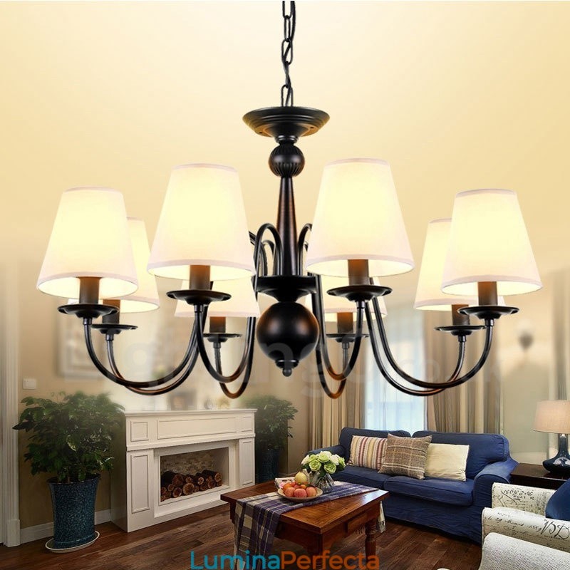 Candelabru metalic integrat Rustic Lodge cu 8 lumini cu abajur din material textil