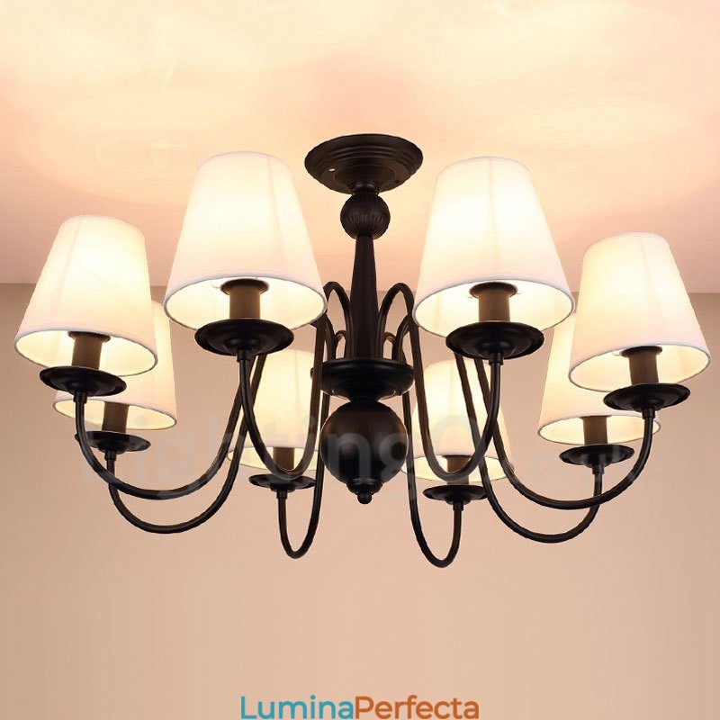 Candelabru metalic integrat Rustic Lodge cu 8 lumini cu abajur din material textil