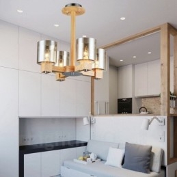 4 Candelabru din lemn deschis modern în stil nordic contemporan cu abajur din sticlă