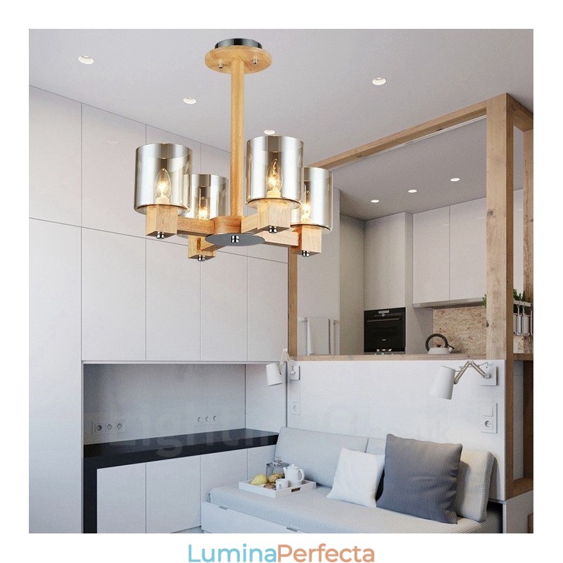 4 Candelabru din lemn deschis modern în stil nordic contemporan cu abajur din sticlă