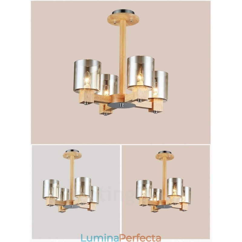 4 Candelabru din lemn deschis modern în stil nordic contemporan cu abajur din sticlă