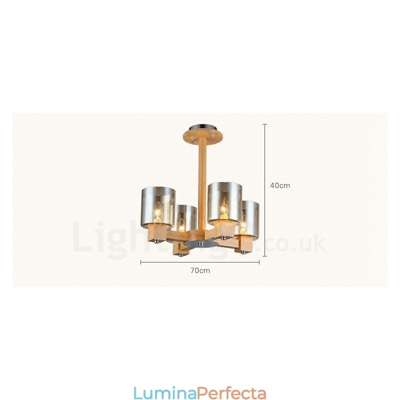 4 Candelabru din lemn deschis modern în stil nordic contemporan cu abajur din sticlă
