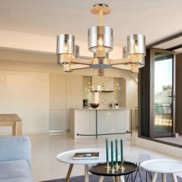 6 Candelabru din lemn deschis modern în stil nordic contemporan cu abajur din sticlă