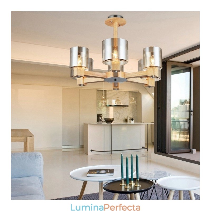 6 Candelabru din lemn deschis modern în stil nordic contemporan cu abajur din sticlă