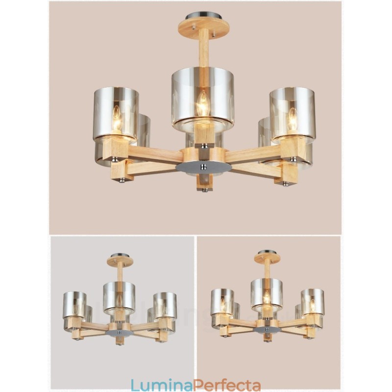6 Candelabru din lemn deschis modern în stil nordic contemporan cu abajur din sticlă
