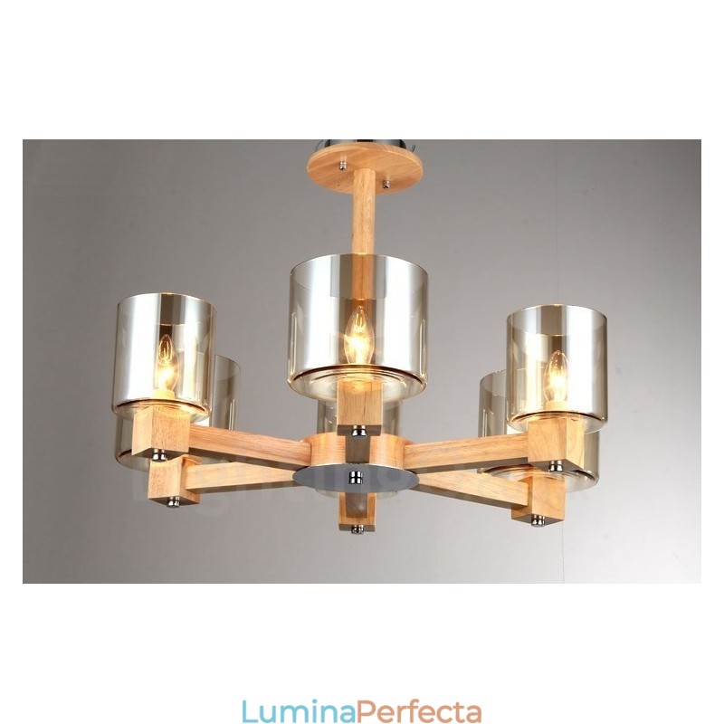 6 Candelabru din lemn deschis modern în stil nordic contemporan cu abajur din sticlă