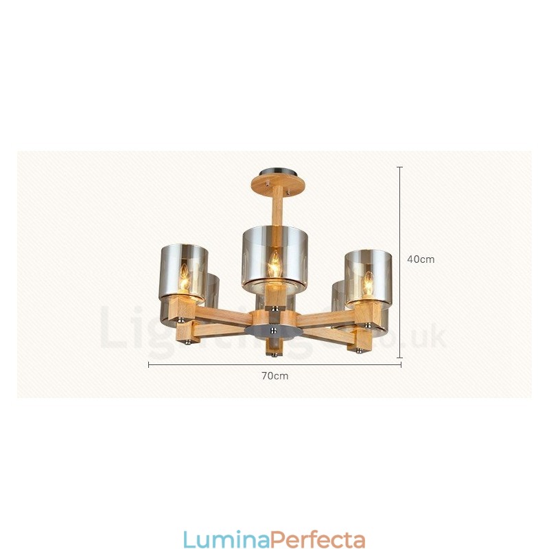 6 Candelabru din lemn deschis modern în stil nordic contemporan cu abajur din sticlă