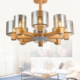 8 Candelabru din lemn deschis modern în stil nordic contemporan cu abajur din sticlă