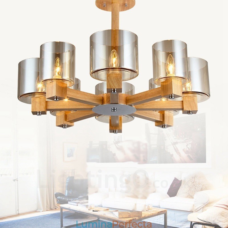 8 Candelabru din lemn deschis modern în stil nordic contemporan cu abajur din sticlă