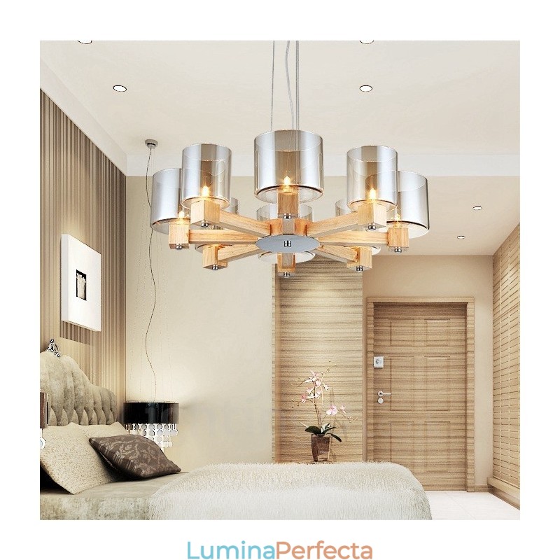 8 Candelabru din lemn deschis modern în stil nordic contemporan cu abajur din sticlă