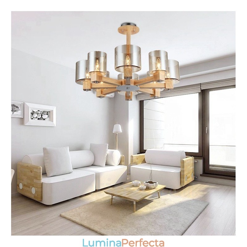 8 Candelabru din lemn deschis modern în stil nordic contemporan cu abajur din sticlă