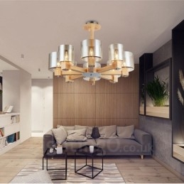 8 Candelabru din lemn deschis modern în stil nordic contemporan cu abajur din sticlă