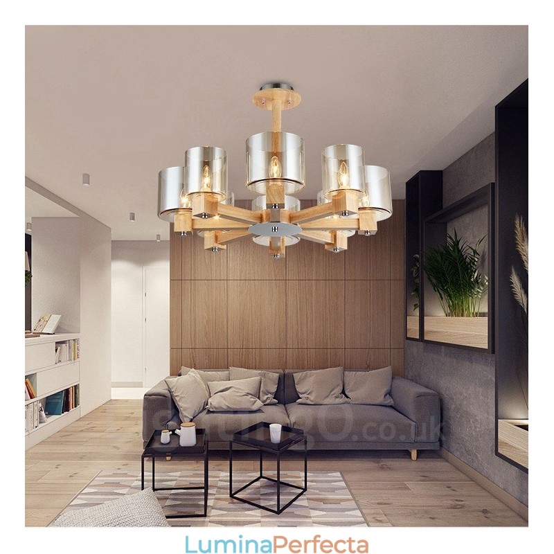 8 Candelabru din lemn deschis modern în stil nordic contemporan cu abajur din sticlă