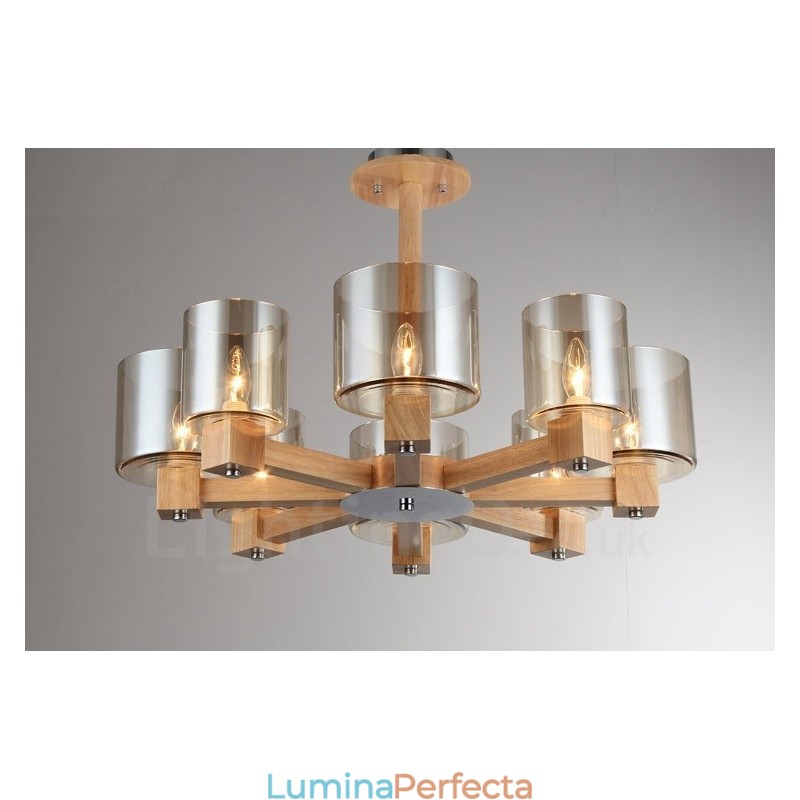 8 Candelabru din lemn deschis modern în stil nordic contemporan cu abajur din sticlă