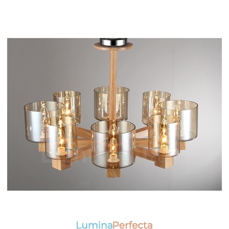 8 Candelabru din lemn deschis modern în stil nordic contemporan cu abajur din sticlă