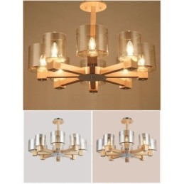 8 Candelabru din lemn deschis modern în stil nordic contemporan cu abajur din sticlă