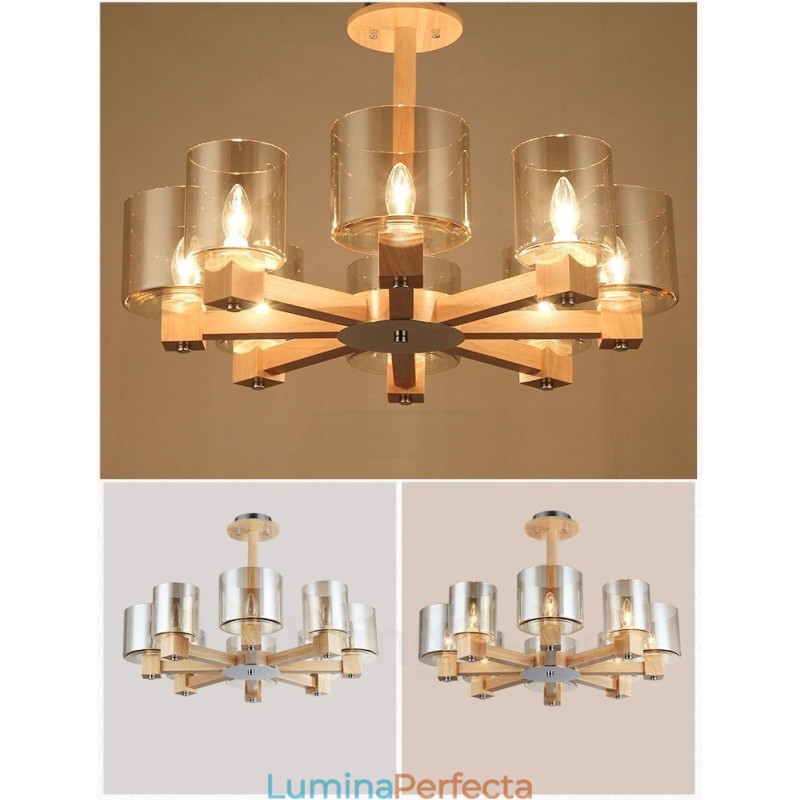 8 Candelabru din lemn deschis modern în stil nordic contemporan cu abajur din sticlă