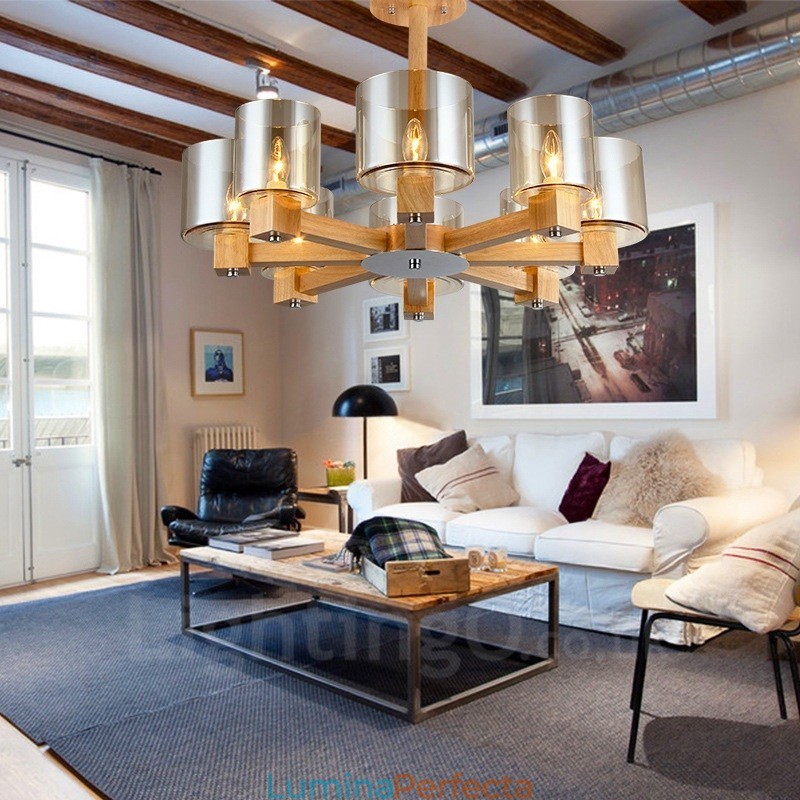 8 Candelabru din lemn deschis modern în stil nordic contemporan cu abajur din sticlă
