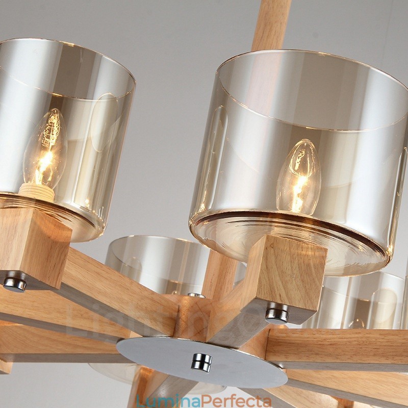 8 Candelabru din lemn deschis modern în stil nordic contemporan cu abajur din sticlă