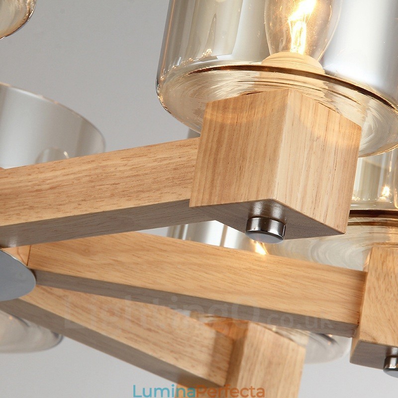 8 Candelabru din lemn deschis modern în stil nordic contemporan cu abajur din sticlă