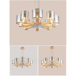 8 Candelabru din lemn deschis modern în stil nordic contemporan cu abajur din sticlă