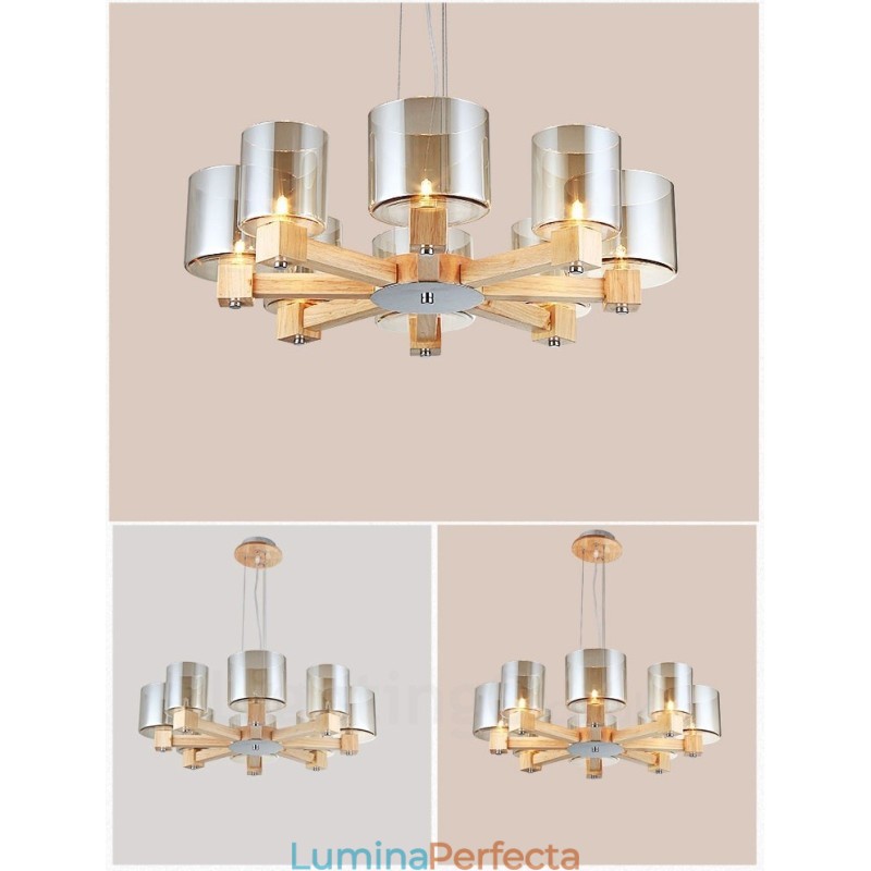 8 Candelabru din lemn deschis modern în stil nordic contemporan cu abajur din sticlă