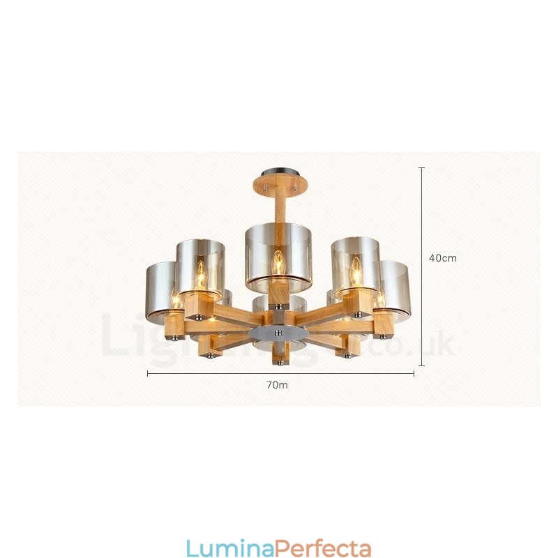 8 Candelabru din lemn deschis modern în stil nordic contemporan cu abajur din sticlă