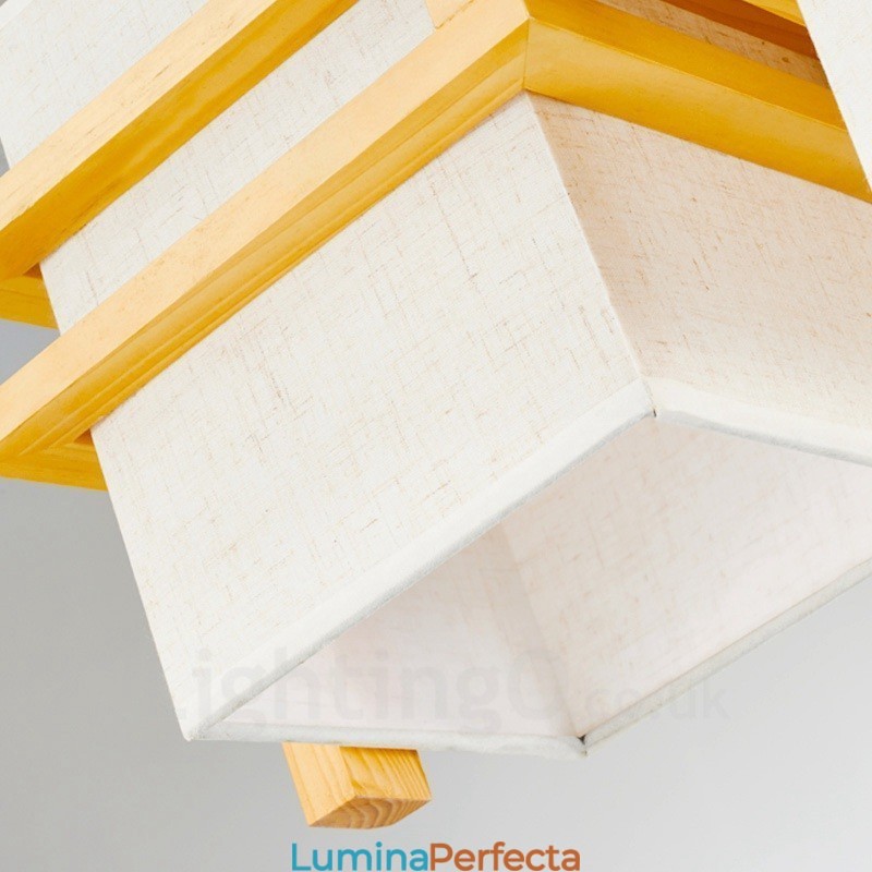 1 Lampă suspendată retro vintage din lemn deschis cu abajur din material textil