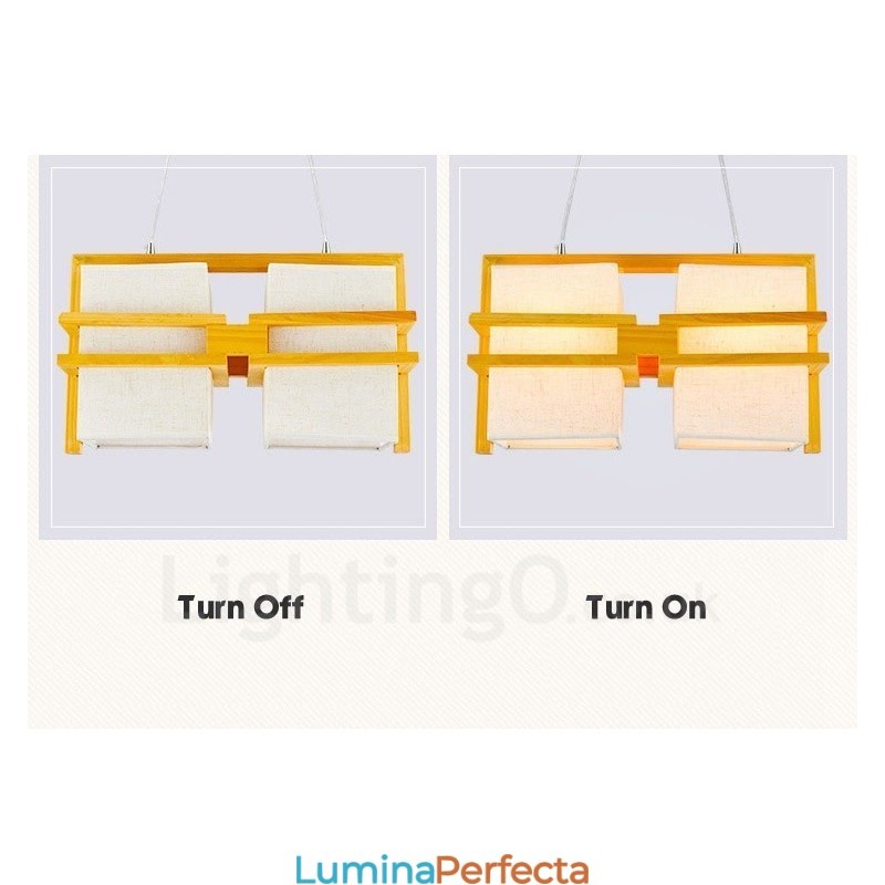 Lampă suspendată retro vintage din lemn deschis cu 2 lumină, cu abajur din material textil