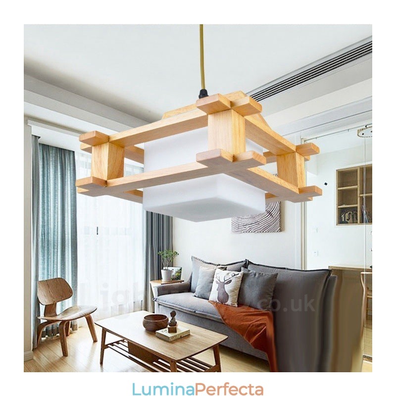 1 Lumină suspendată din lemn deschis modern și contemporan în stil nordic cu abajur din sticlă