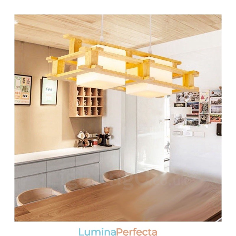Lampă suspendată cu 2 lumină din lemn, modern și contemporan în stil nordic, cu abajur din sticlă