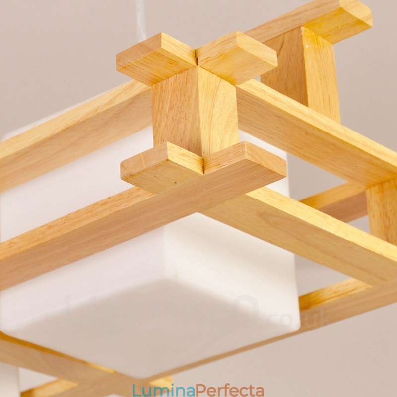 Lampă suspendată cu 2 lumină din lemn, modern și contemporan în stil nordic, cu abajur din sticlă