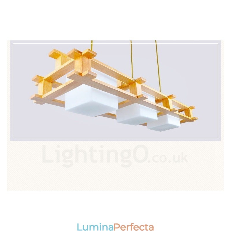 Lampă suspendată cu 3 lumină din lemn, modern și contemporan în stil nordic, cu abajur din sticlă