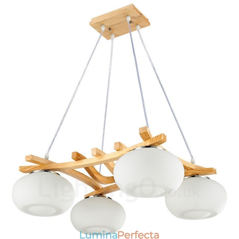 Lampă suspendată rustic Lodge cu 4 lumini din lemn cu abajur din sticlă