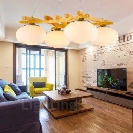 Lampă suspendată rustic Lodge cu 4 lumini din lemn cu abajur din sticlă