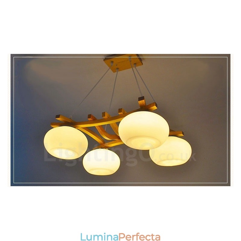 Lampă suspendată rustic Lodge cu 4 lumini din lemn cu abajur din sticlă