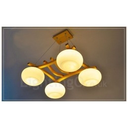 Lampă suspendată rustic Lodge cu 4 lumini din lemn cu abajur din sticlă