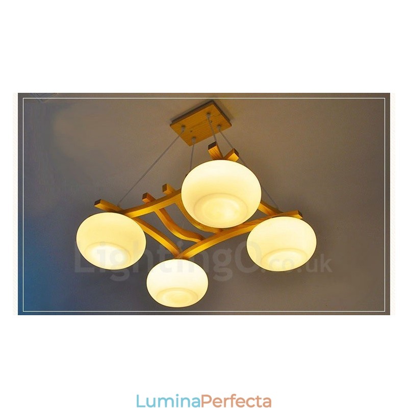 Lampă suspendată rustic Lodge cu 4 lumini din lemn cu abajur din sticlă