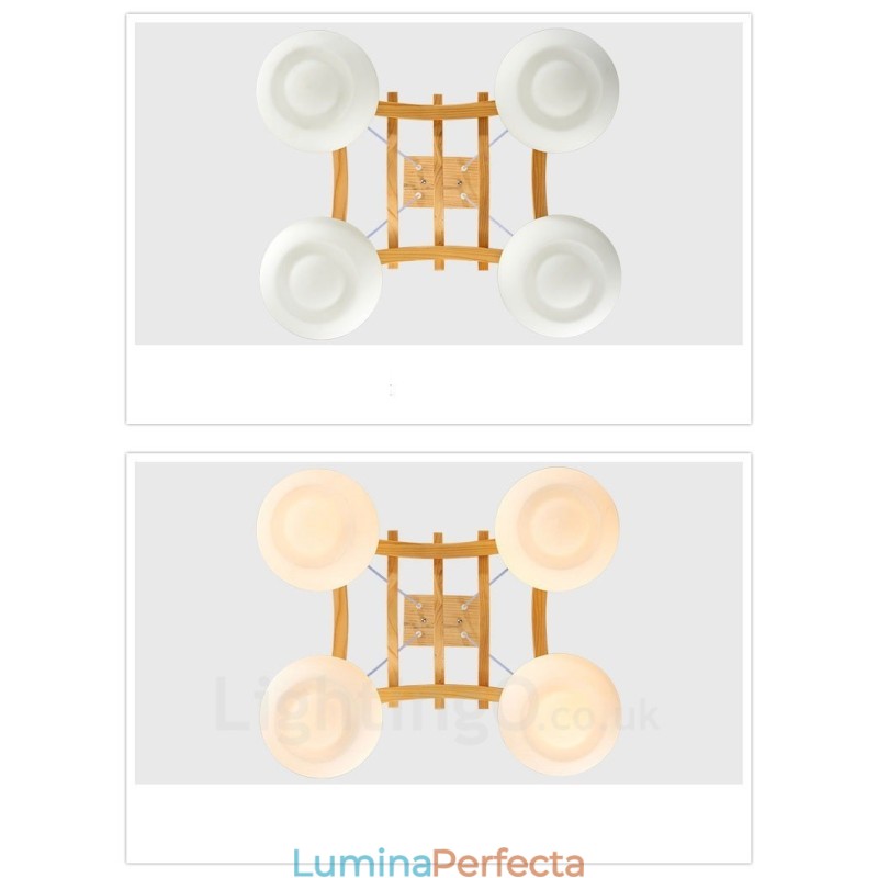 Lampă suspendată rustic Lodge cu 4 lumini din lemn cu abajur din sticlă